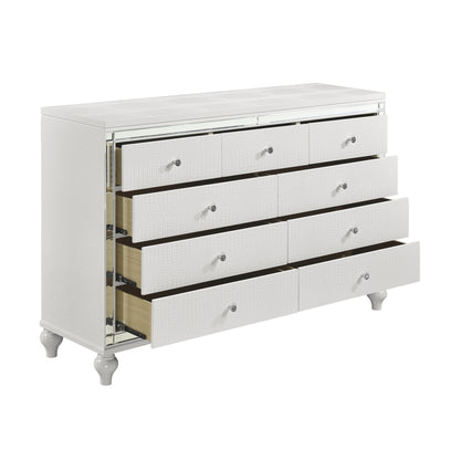 Homelegance Alonza Dresser Metallic White Finish with Mirror Trim and Crystal Knobs 1845-5
