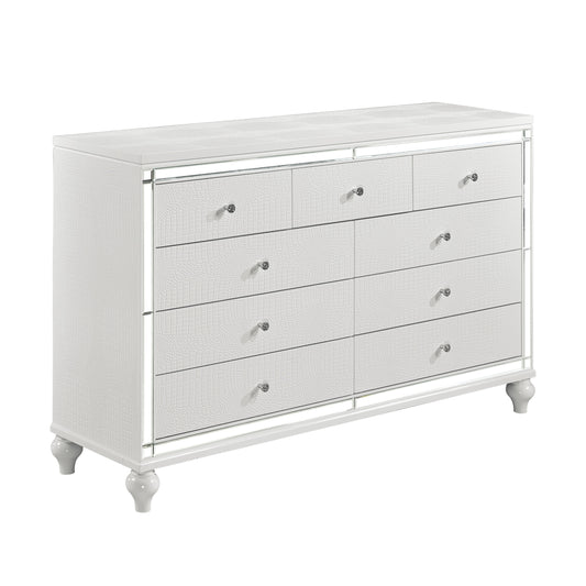 Homelegance Alonza Dresser Metallic White Finish with Mirror Trim and Crystal Knobs 1845-5