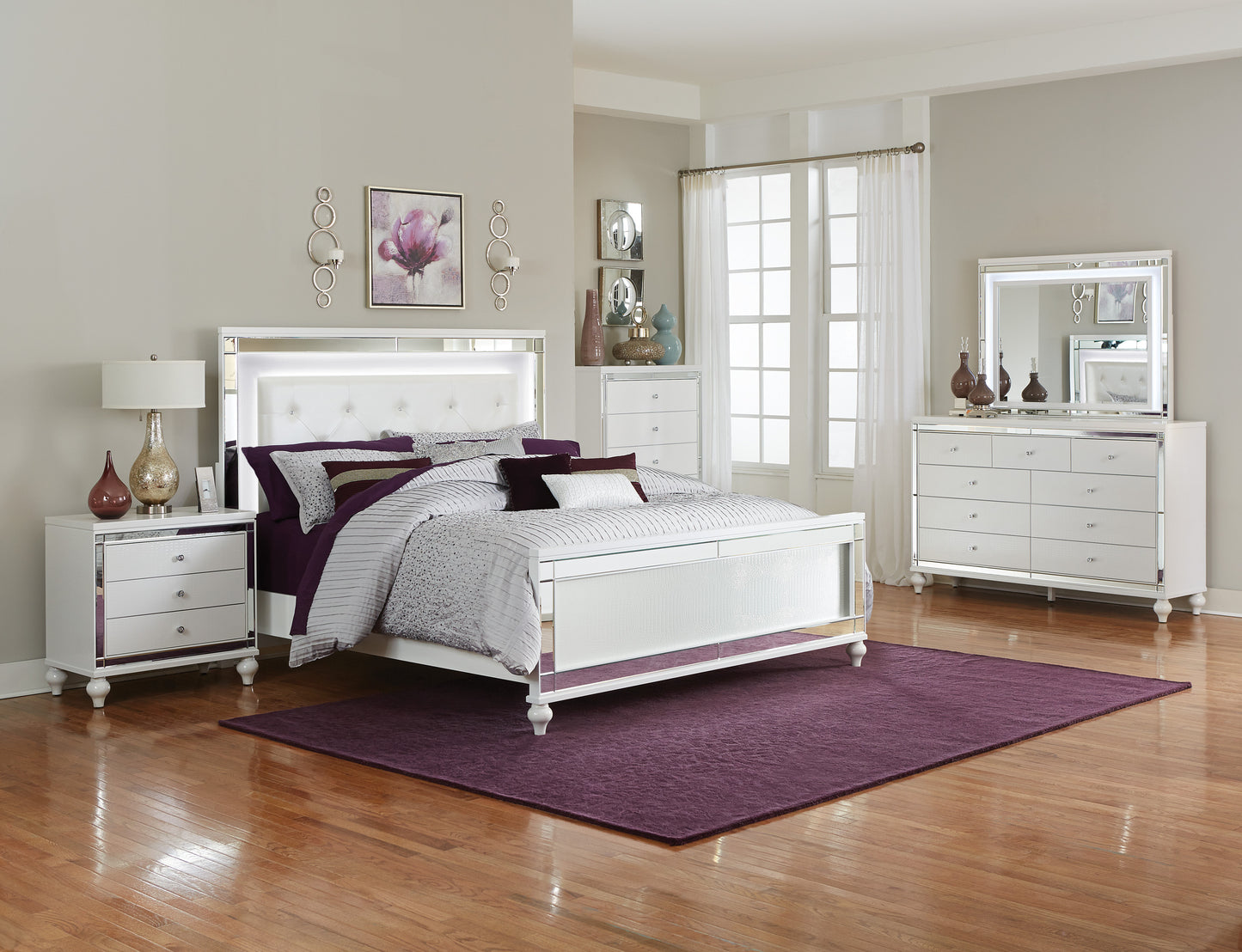 Homelegance Alonza Dresser Metallic White Finish with Mirror Trim and Crystal Knobs 1845-5