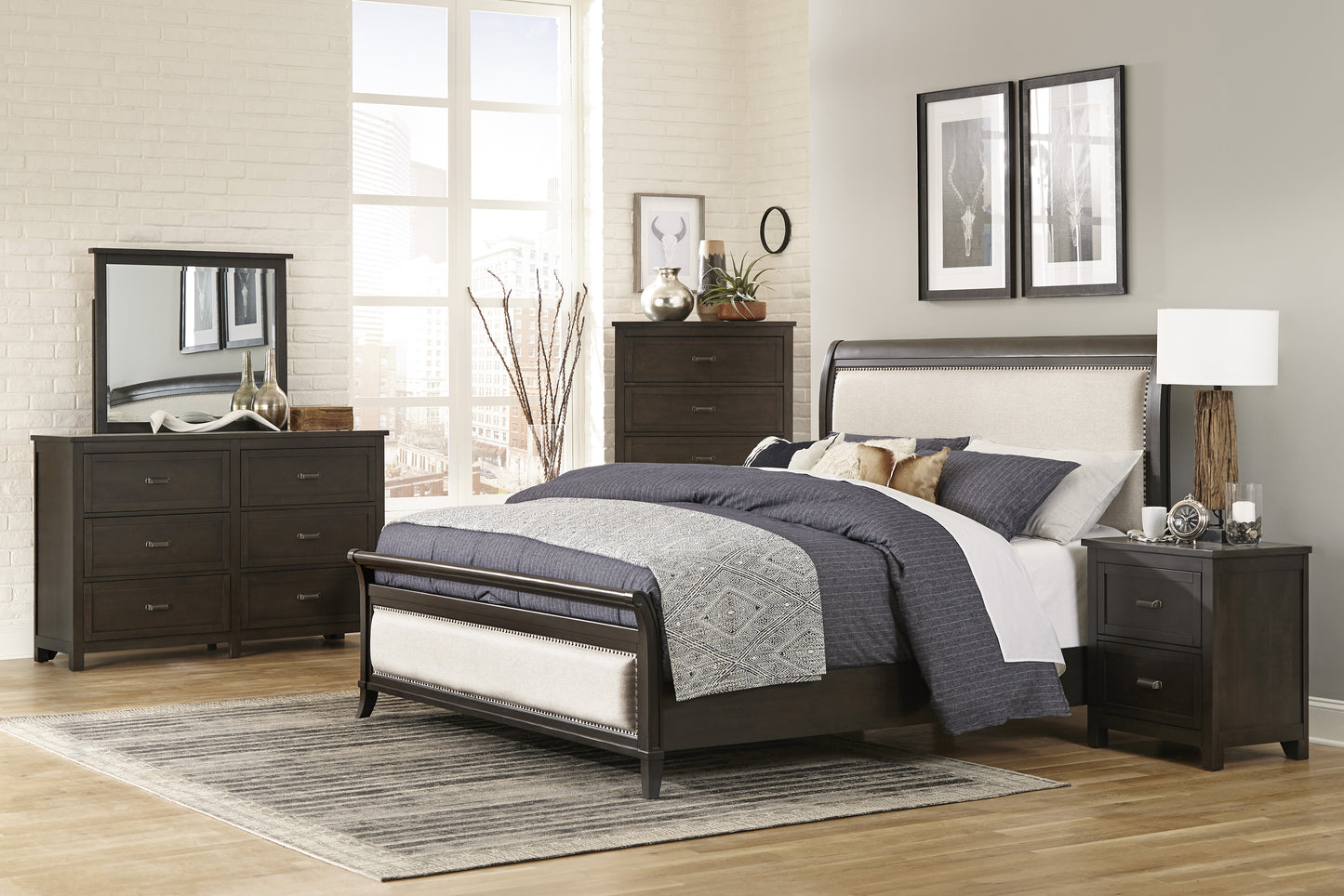 Homelegance Queen Bed Hebron Dark Cherry Finish with Upholstered Headboard 1923NB-1