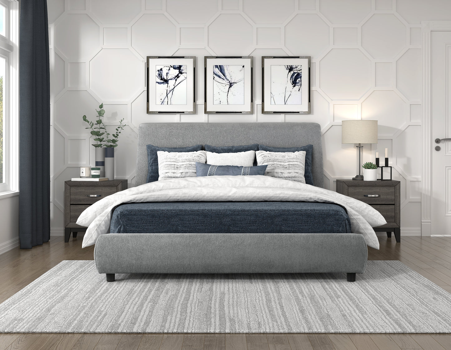 Homelegance Queen Bed Alford Gray Upholstery Modern Design 1931-1