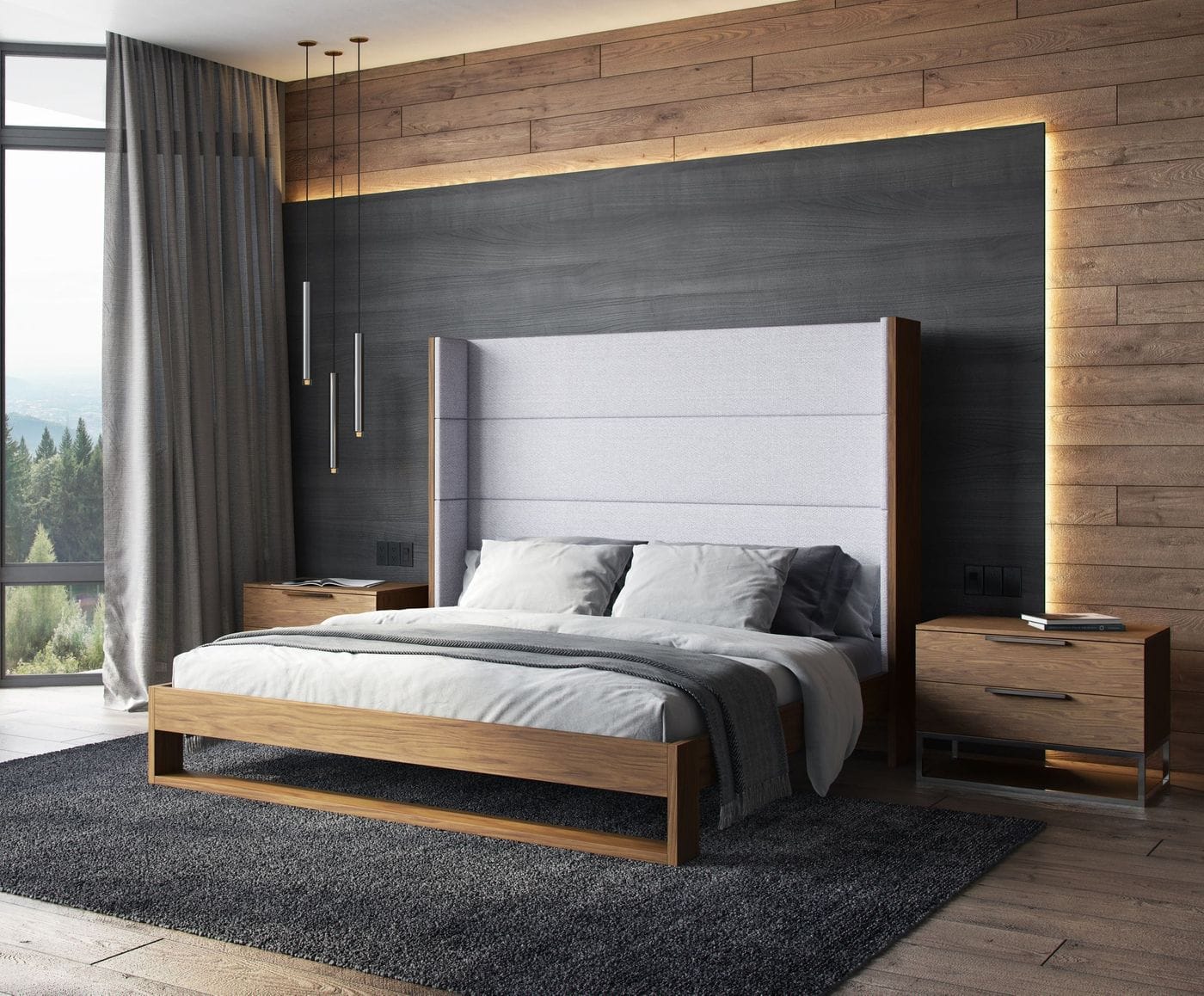Modrest Heloise Contemporary Grey Fabric and Walnut Trim Bed