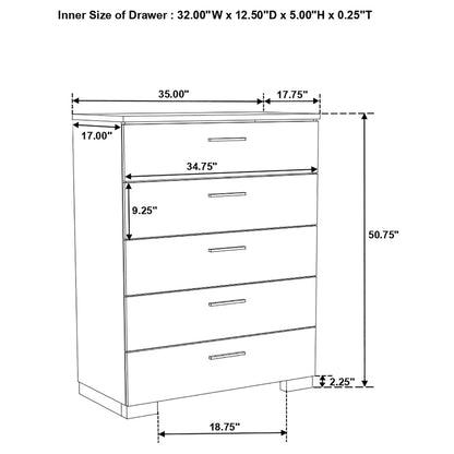 Felicity 5-drawer Bedroom Chest White High Gloss