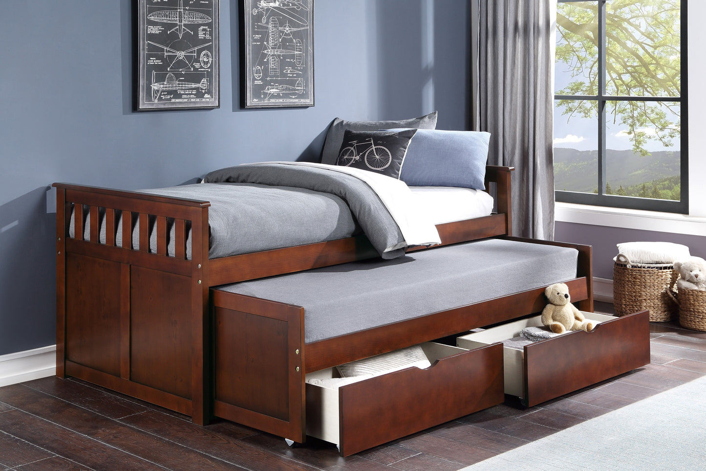 Homelegance Twin Twin Bed with Storage Boxes Dark Cherry Finish B2013RTDC-1T