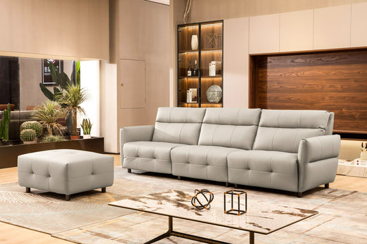 Divani Casa Joliet Modern Light Grey Leather 4-Seater Sofa w/ Two Recliners