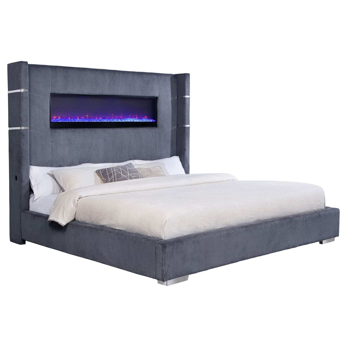 Tisdall 67-inch Upholstered Eastern King Fireplace Bed Grey