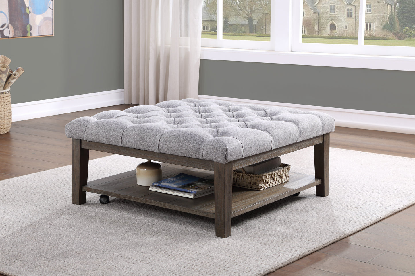 Homelegance Roseboro Cocktail Ottoman with Tufted Top in Wire Brushed Dark Gray 3630-01