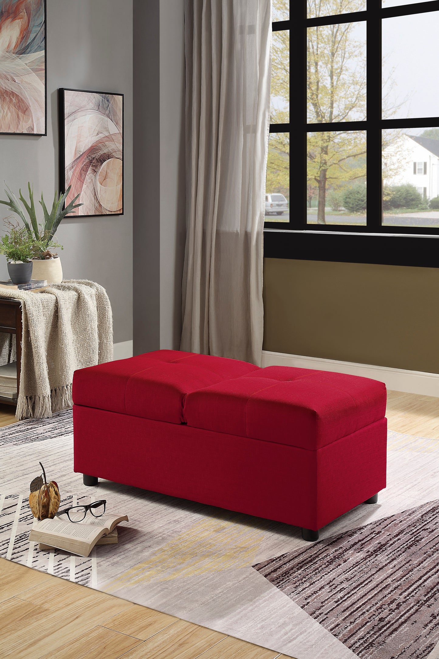 Homelegance Denby Storage Bench with Tufted Top in Textured Red 4573RD