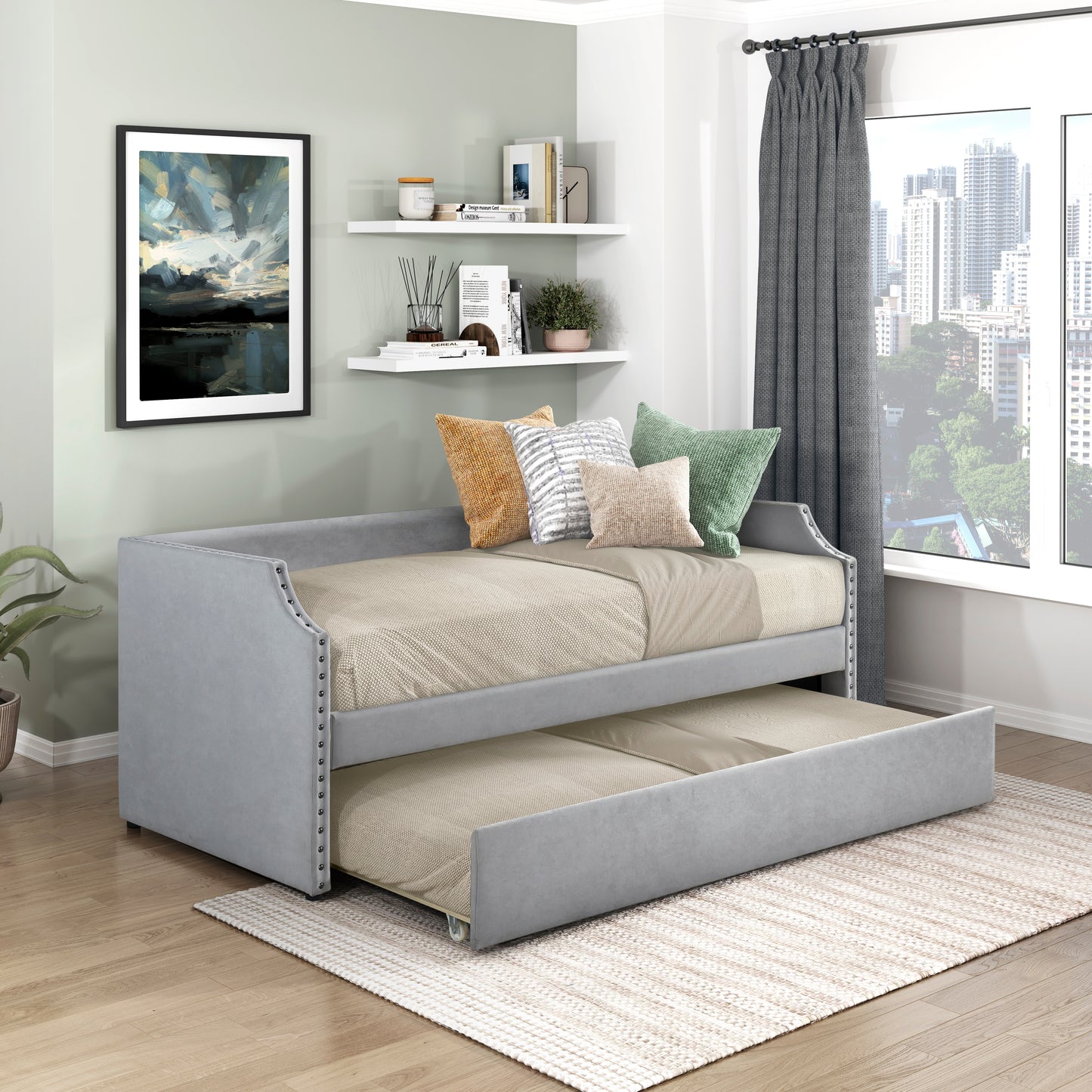 Homelegance Daybed with Trundle Light Gray Upholstered 4988LG