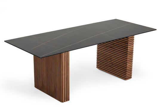 Modrest Maggie Modern Walnut and Black Ceramic Top Dining Table