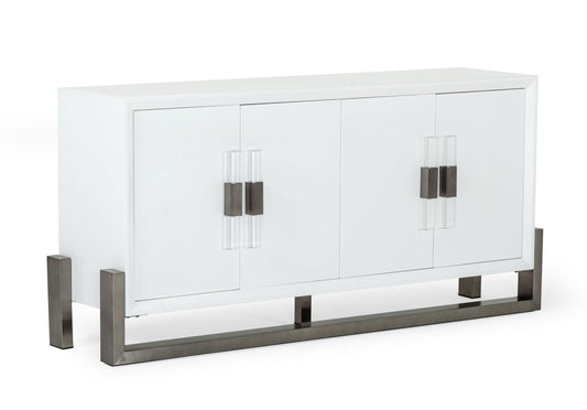 Modrest Lenny Modern White High Gloss and Stainless Steel Gun Metal Buffet