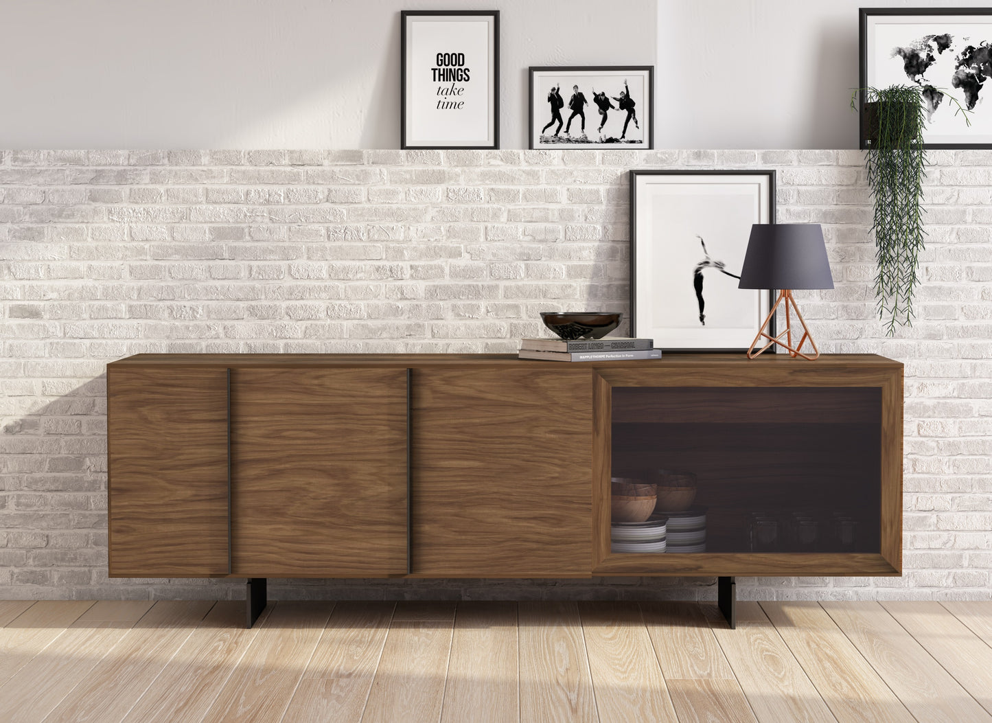 Modrest Glencoe Modern Walnut and Grey Glass Buffet