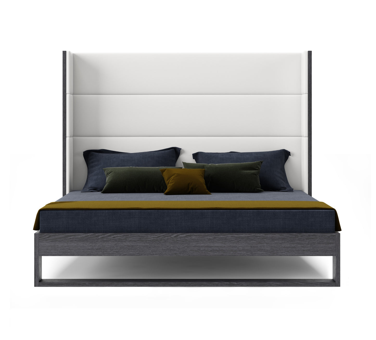 Modrest Heloise Contemporary White Leather and Grey Elm Trim Bed