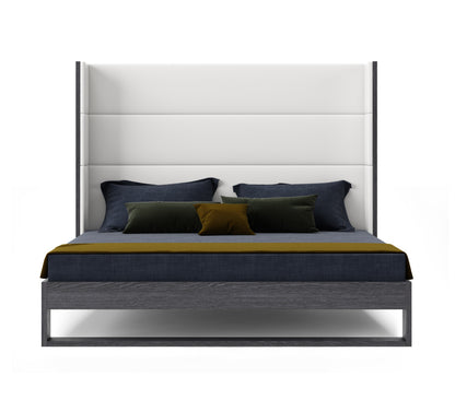 Modrest Heloise Contemporary White Leather and Grey Elm Trim Bed