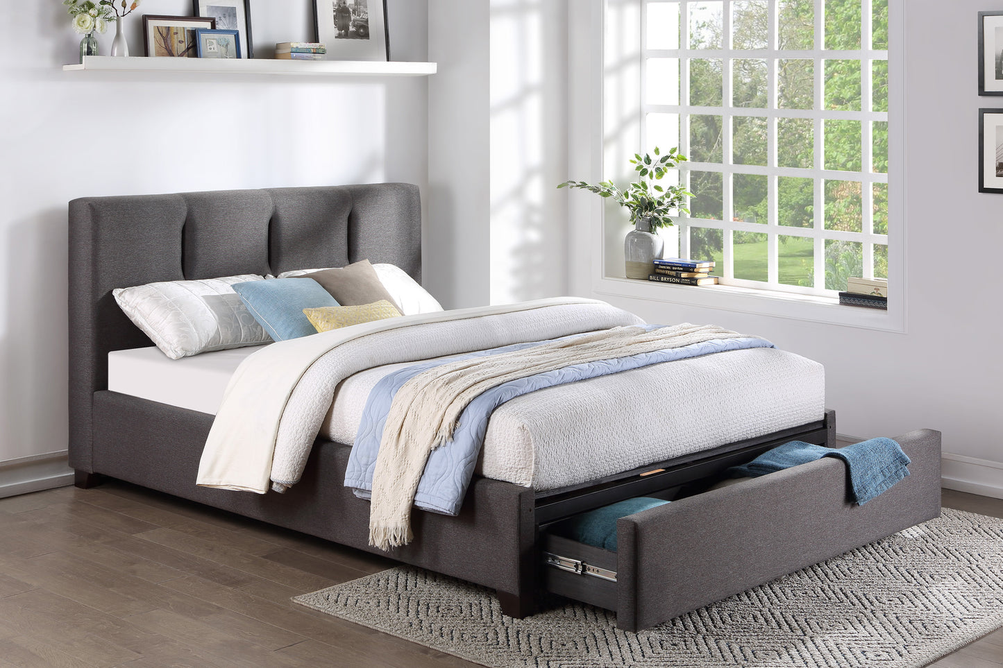 Homelegance Aitana Queen Bed Graphite Linen-Like Fabric with Storage 1632GH-1DW