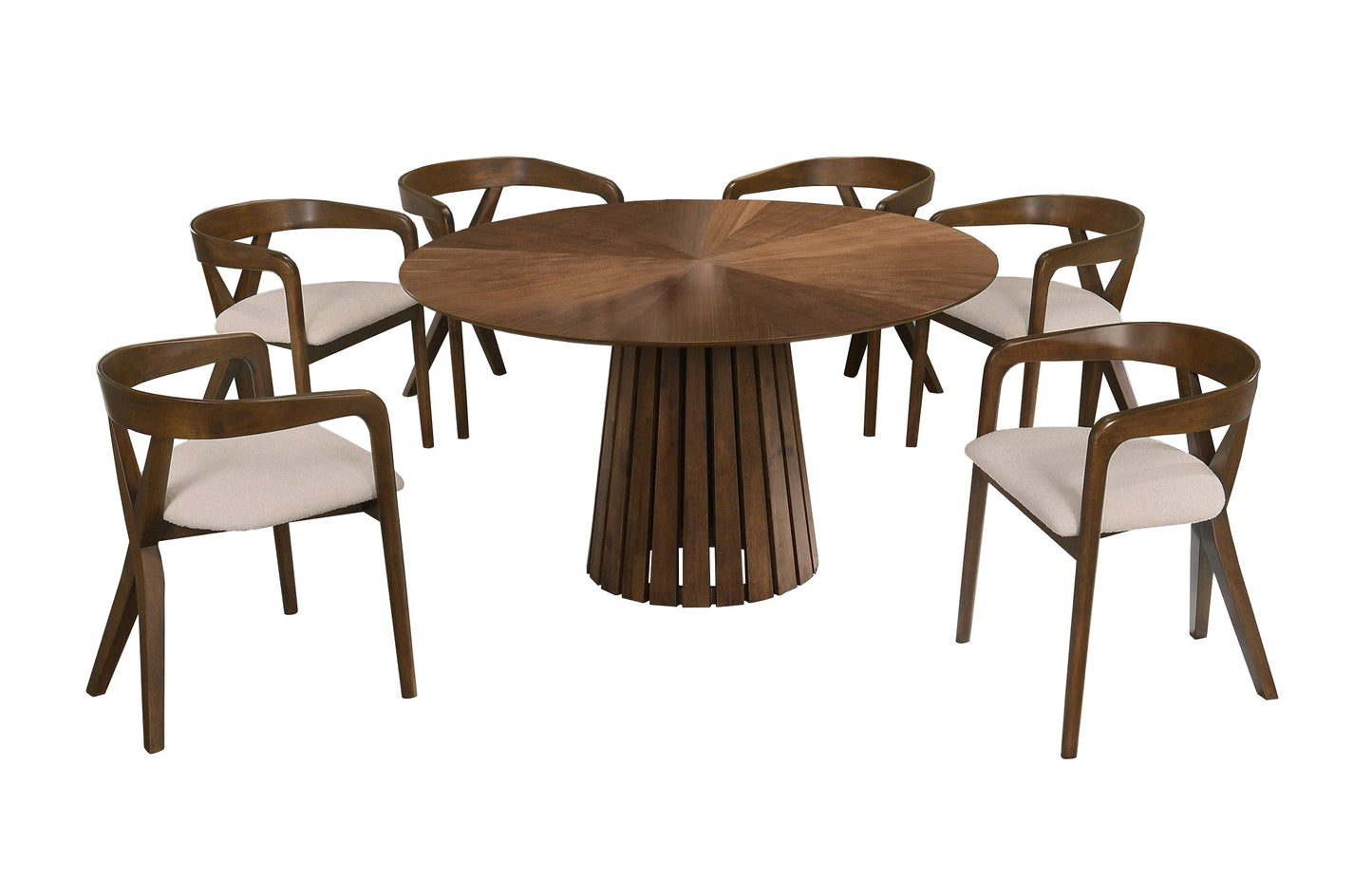 Modrest Weiss Mid-Century Modern Walnut Round Dining Table 6 Chair Set