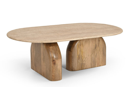 Modrest Kellison Modern Travertine Marble Wood Oval Coffee Table