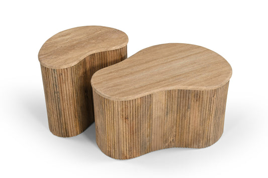 Modern Matador Modern Travertine Marble Wood Freeform Coffee Table Set