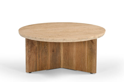 Modrest Pawnee Modern Travertine Marble Wood Round Coffee Table