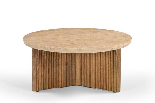 Modrest Pawnee Modern Travertine Marble Wood Round Coffee Table