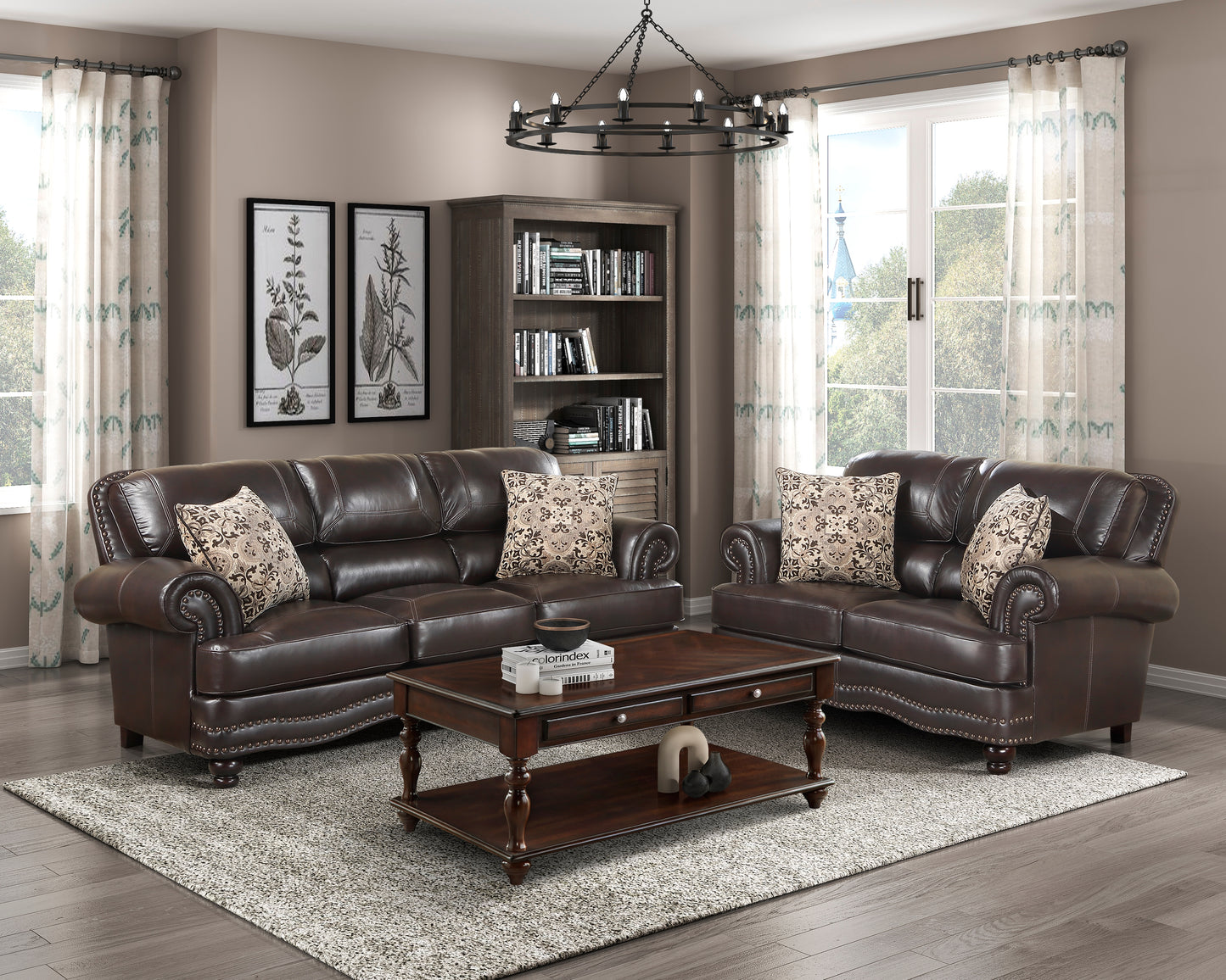 Homelegance Milford Loveseat in Brown Faux Leather with Nailhead Trim 9268BRW-2