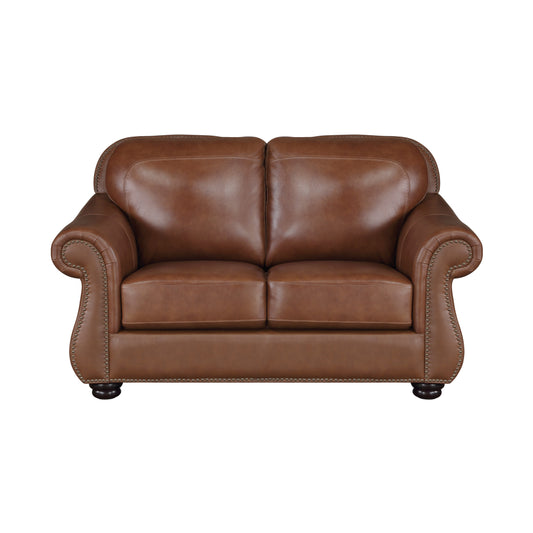 Homelegance Attleboro Loveseat in Camel Brown with Nailhead Trim 9270BR-2