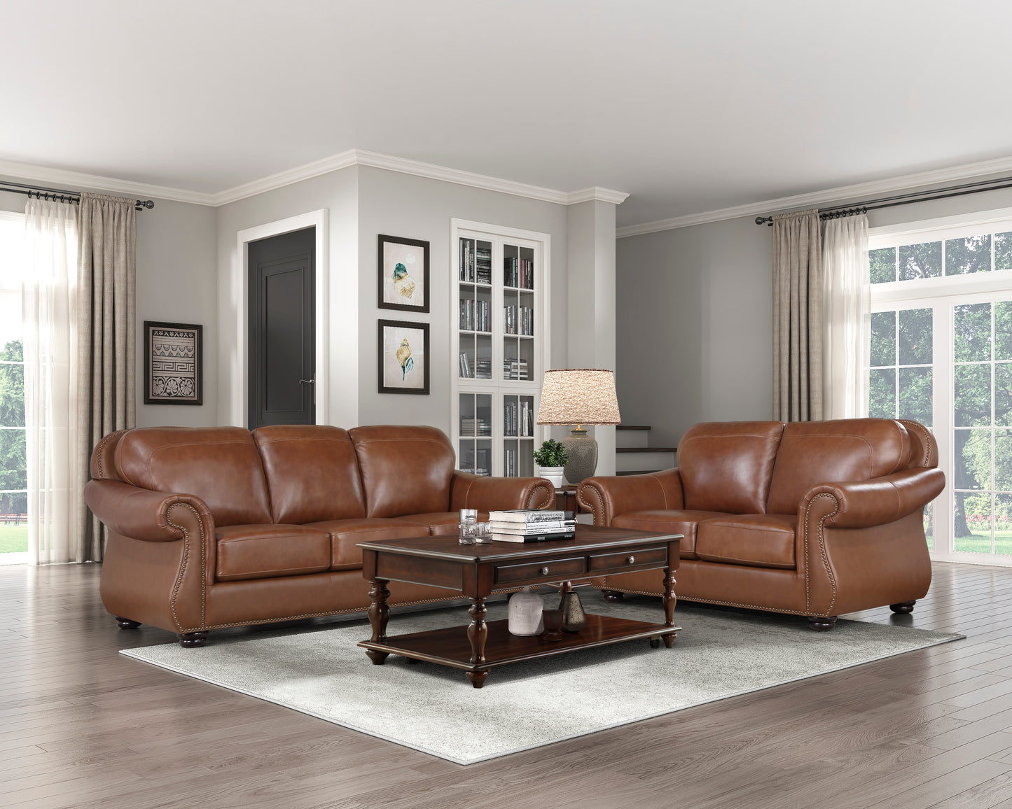 Homelegance Attleboro Sectional Sofa in Camel Brown Top-Grain Leather 9270BR-3