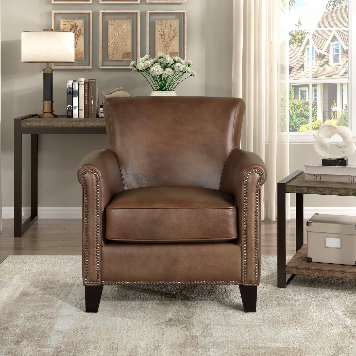 Homelegance Braintree Accent Chair in Brown Leather with Nailhead Trim 9278BRW1