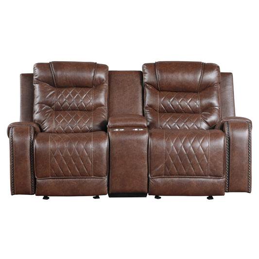 Homelegance Putnam Glider Reclining Loveseat with Center Console in Brown 9405BR-2