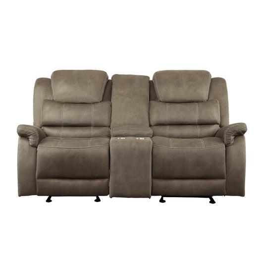 Homelegance Shola Loveseat Glider Reclining with Center Console in Brown 9848BR-2