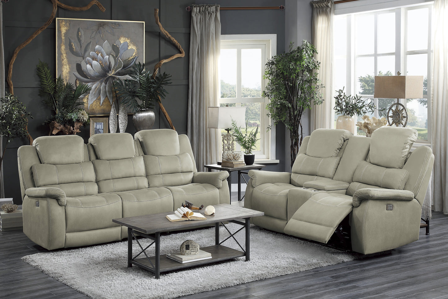 Homelegance Shola Gray Power Reclining Loveseat with Center Console 9848GY-2PWH