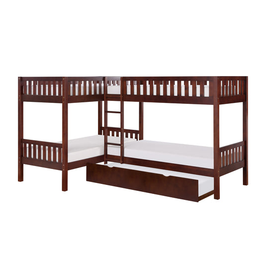 Homelegance Corner Bunk Bed with Twin Trundle Dark Cherry B2013CNDC-1R