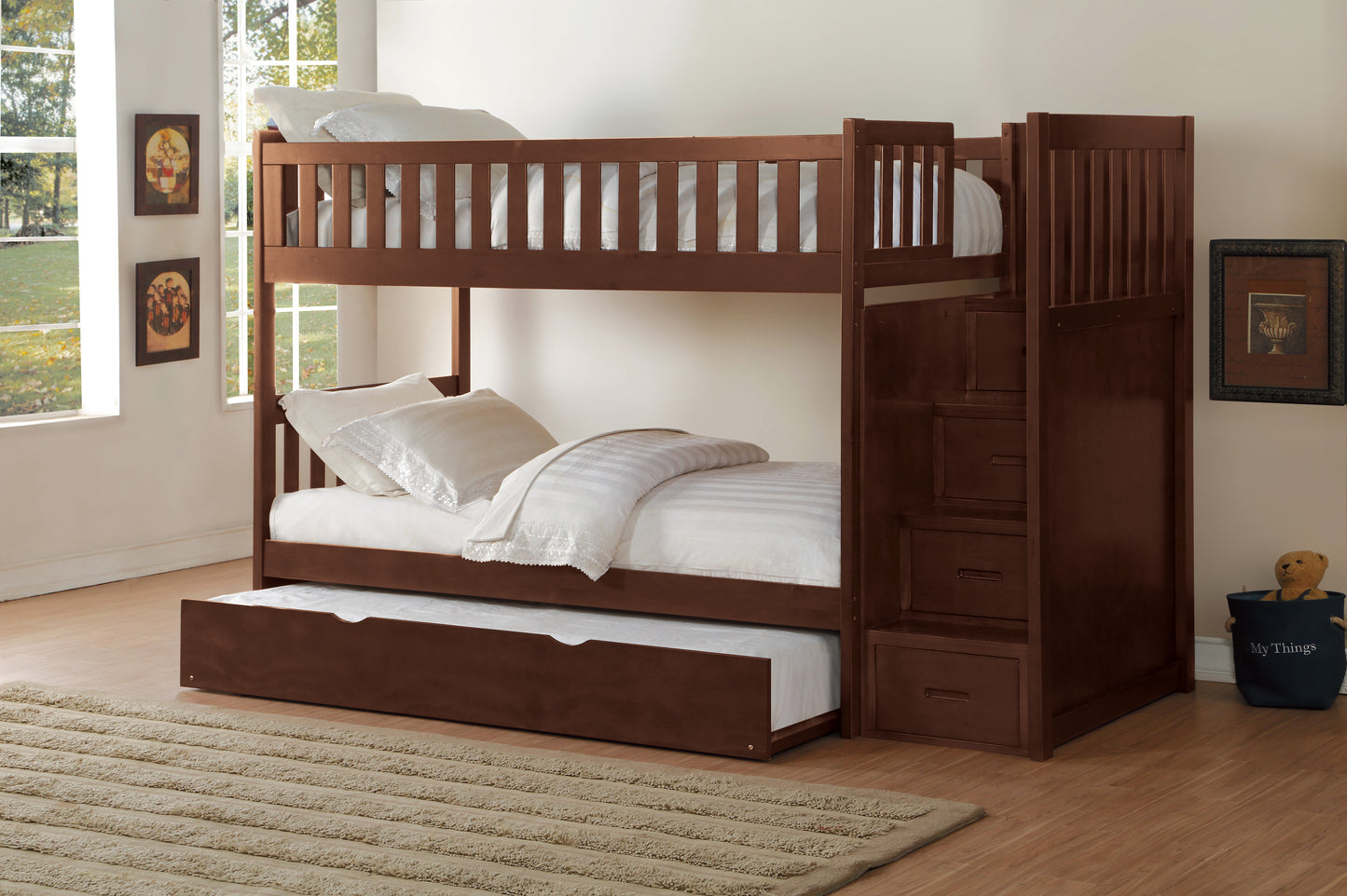 Homelegance Rowe Twin Twin Step Bunk Bed with Twin Trundle Dark Cherry B2013SBDC-1-R