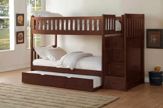Homelegance Rowe Twin Twin Step Bunk Bed with Twin Trundle Dark Cherry B2013SBDC-1-R