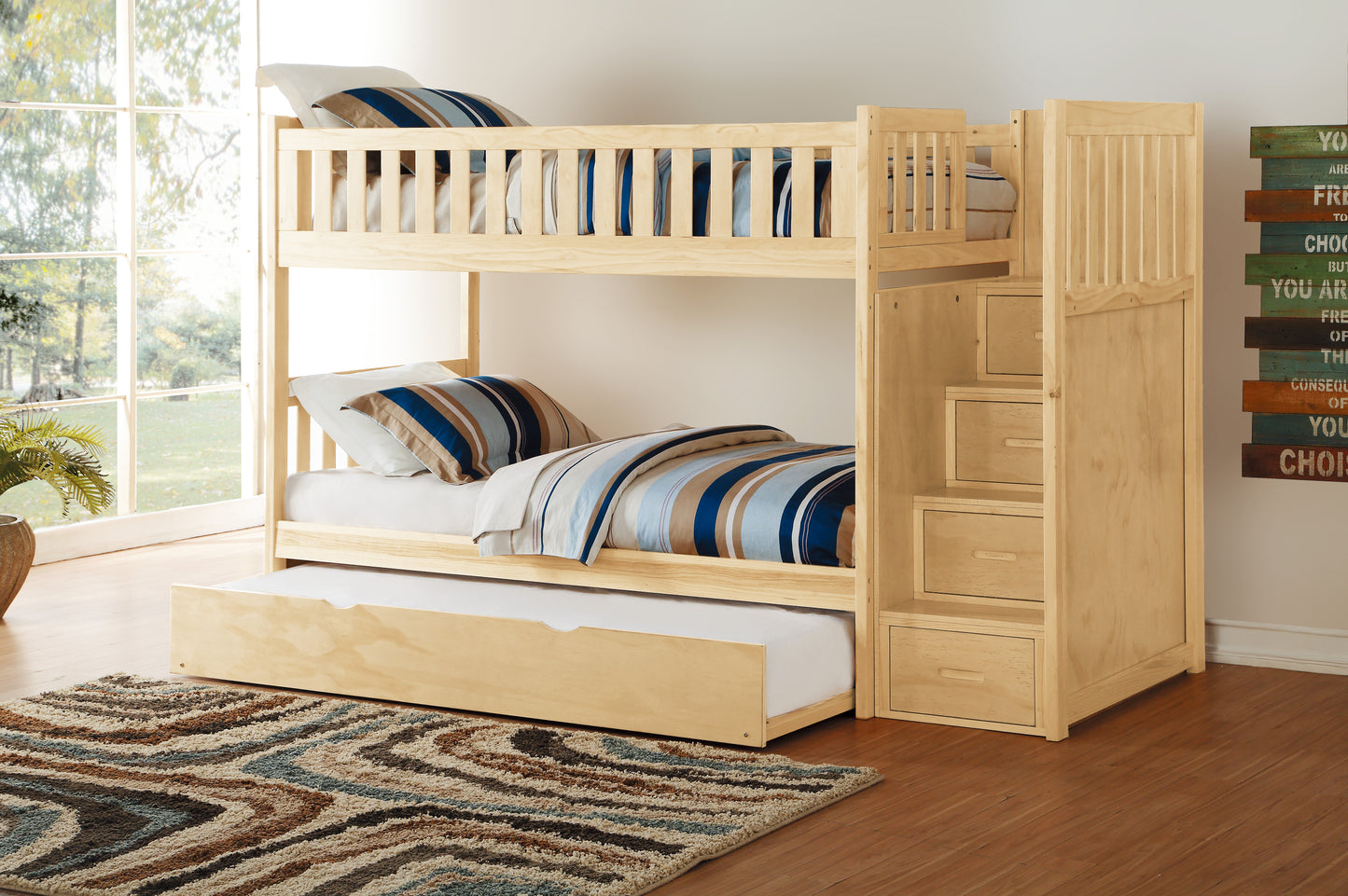 Homelegance Bartly Twin Twin Step Bunk Bed with Twin Trundle Natural Pine B2043SB-1-R