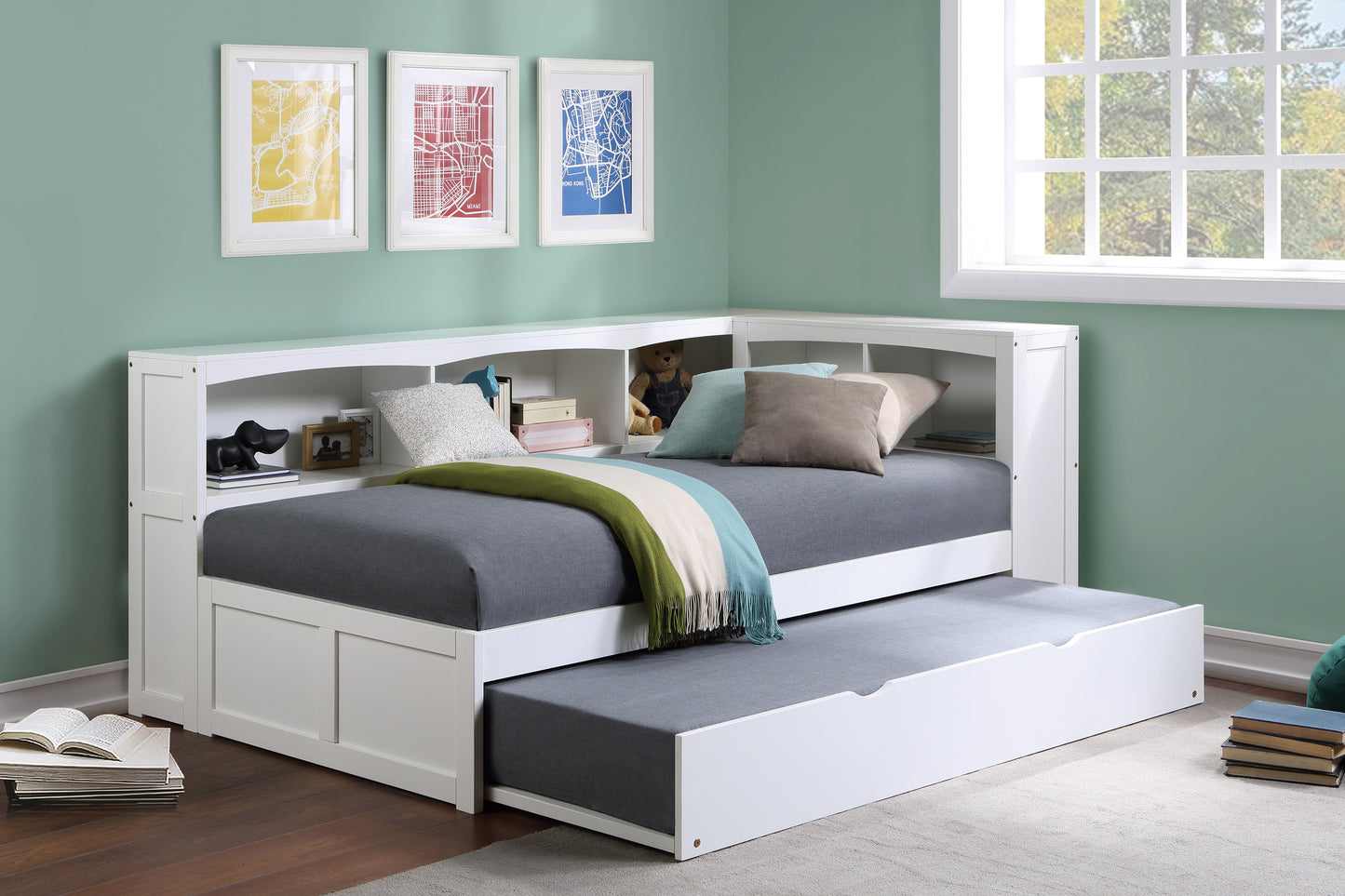 Homelegance Twin Bookcase Corner Bed with Twin Trundle in Chic White B2053BCW-1BCR