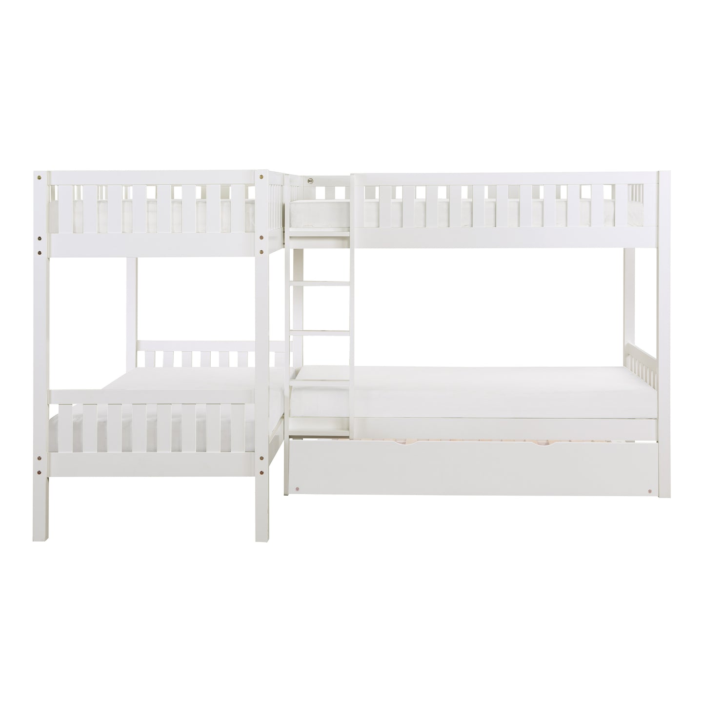 Homelegance Corner Bunk Bed with Twin Trundle in Crisp White B2053CNW-1R