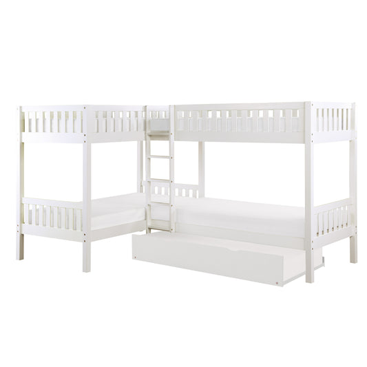 Homelegance Corner Bunk Bed with Twin Trundle in Crisp White B2053CNW-1R