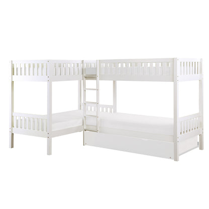 Homelegance Corner Bunk Bed with Twin Trundle in Crisp White B2053CNW-1R