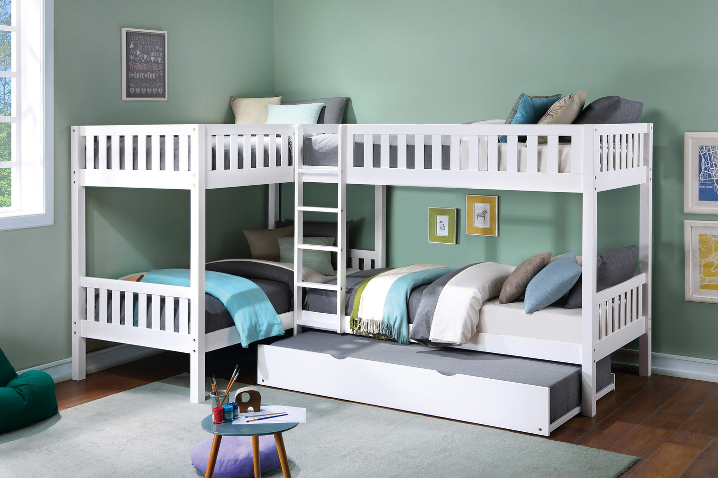 Homelegance Corner Bunk Bed with Twin Trundle in Crisp White B2053CNW-1R