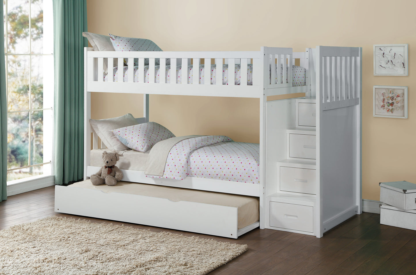 Homelegance Twin Twin Step Bunk Bed with Twin Trundle in Sleek White B2053SBW-1-R