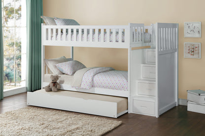 Homelegance Twin Twin Step Bunk Bed with Twin Trundle in Sleek White B2053SBW-1-R