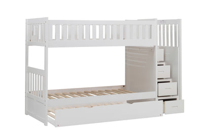 Homelegance Twin Twin Step Bunk Bed with Twin Trundle in Sleek White B2053SBW-1-R