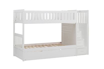 Homelegance Twin Twin Step Bunk Bed with Twin Trundle in Sleek White B2053SBW-1-R