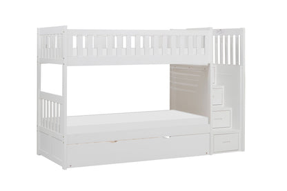 Homelegance Twin Twin Step Bunk Bed with Twin Trundle in Sleek White B2053SBW-1-R
