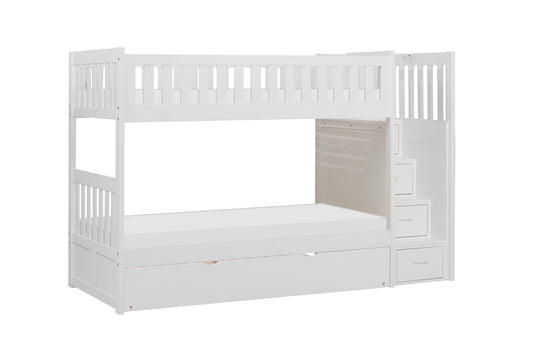 Homelegance Twin Twin Step Bunk Bed with Twin Trundle in Sleek White B2053SBW-1-R