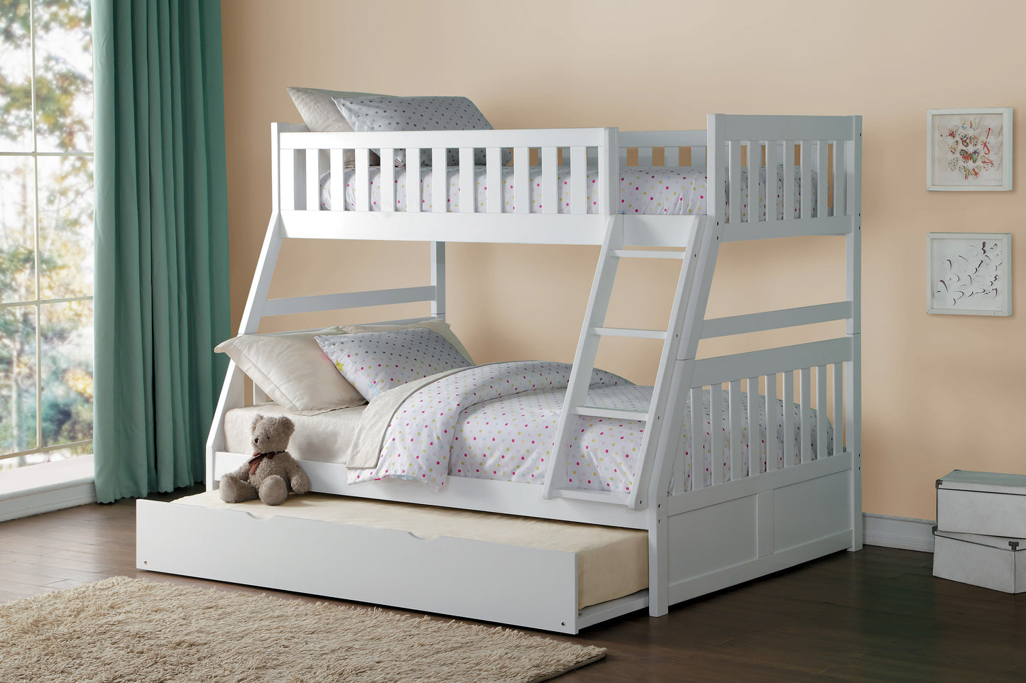Homelegance Twin Full Bunk Bed with Twin Trundle in Chic White B2053TFW-1-R