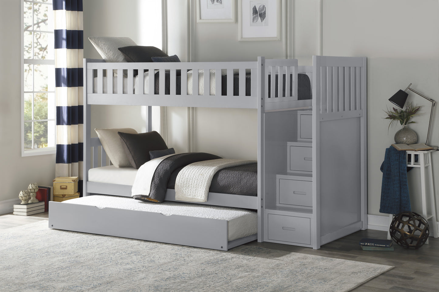 Homelegance Twin Twin Step Bunk Bed with Twin Trundle Gray B2063SB-1-R