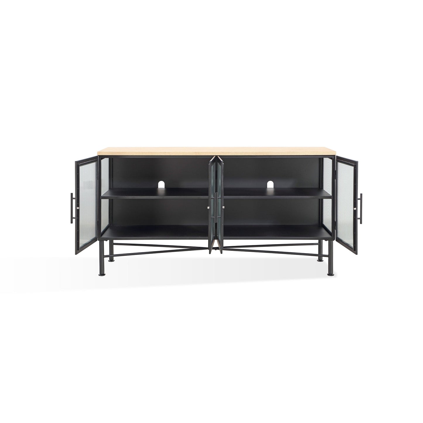 Modus Aere Four Door Ribbed Glass, Metal and Wood Sideboard in Natural Ash and Black