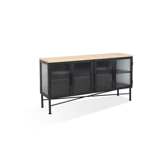 Modus Aere Four Door Ribbed Glass, Metal and Wood Sideboard in Natural Ash and Black